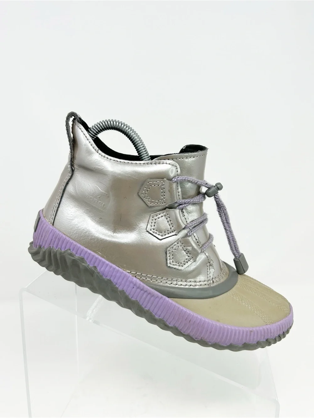 SOREL Out N About Plus Duck Boots Girls Silver Gray Purple Trim Waterproof 4